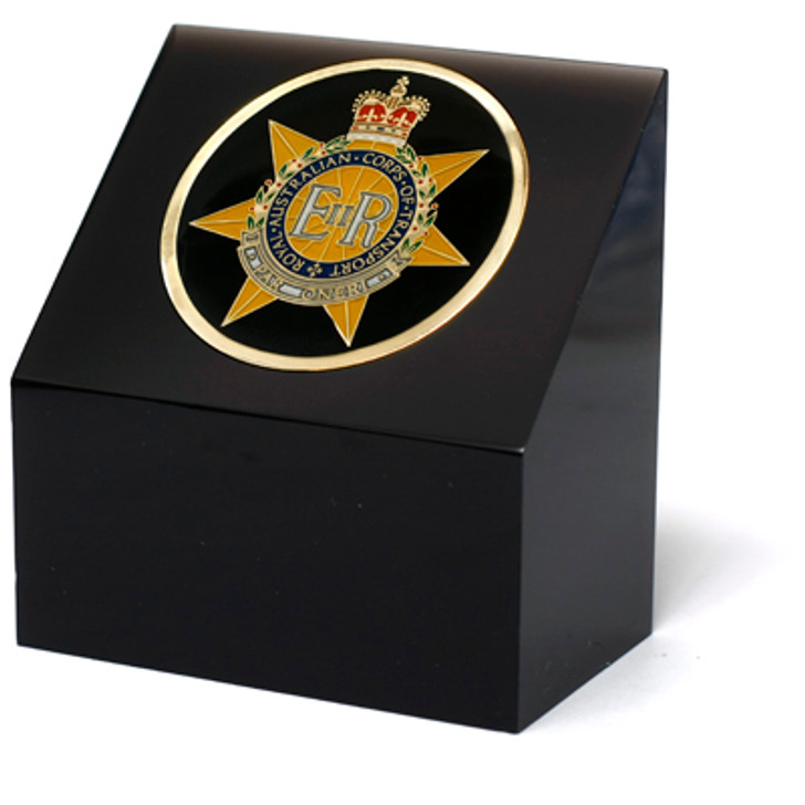 RACT Medallion In Block RACT Medallion In Block Superb Royal Australian Corps of Transport (RACT) 48mm medallion presented in a black acrylic desk block. Order now, the block is presented in a form cut gift box making it perfect for awards, present