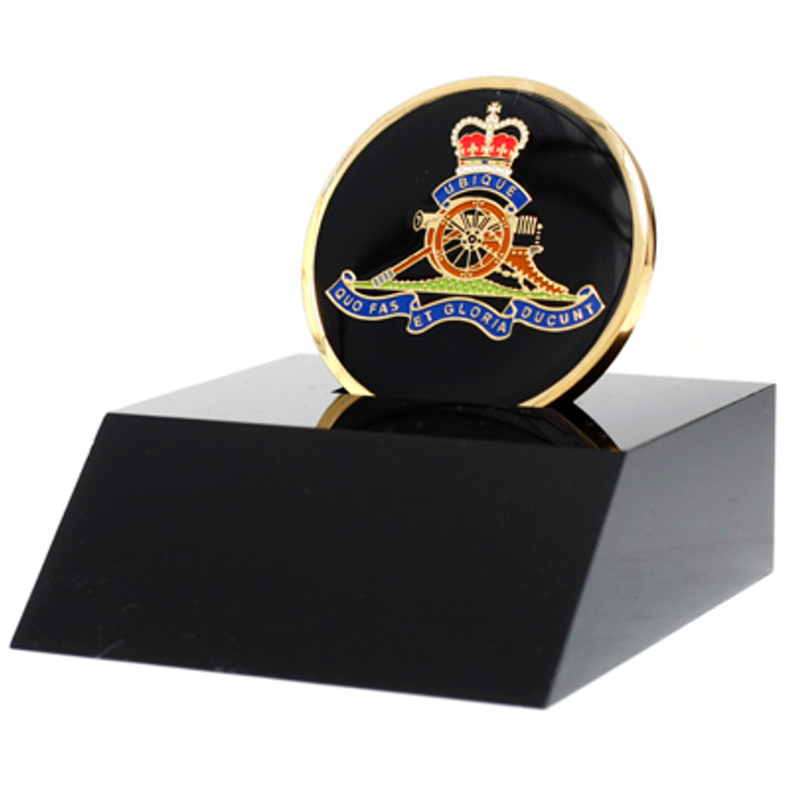RAA Medallion In Stand RAA Medallion In Stand Superb  Royal Regiment of Australian Artillery (RAA)  48mm medallion presented in a black acrylic desk stand. Order now, the block is presented in a form cut gift box making it perfect for awards, pre