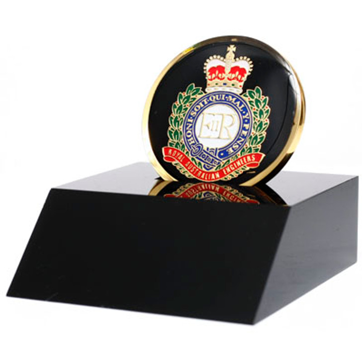 RAE Medallion In Stand RAE Medallion In Stand Superb Royal Australian Engineers (RAE) 48mm medallion presented in a black acrylic stand. Order now, the block is presented in a form cut gift box making it perfect for awards, presentations or that