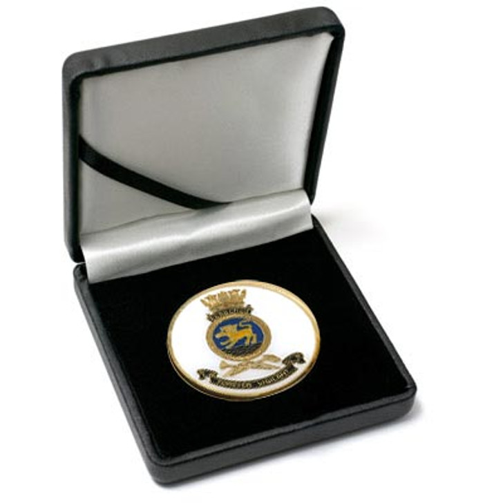 HMAS Cerberus Medallion In Case HMAS Cerberus Medallion In Case Superb HMAS Cerberus 48mm medallion presented in a leather look gift box. Order now, the block is presented in a form cut gift box making it perfect for awards, presentations or that special gift. Spe