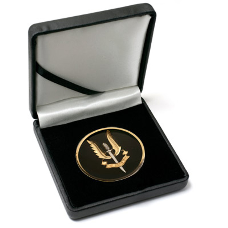 SASR Medallion In Case Superb  Special Air Service Regiment (SASR) 48mm medallion presented in a leather look gift box. Order now, the block is presented in a form cut gift box making it perfect for awards, presentations or