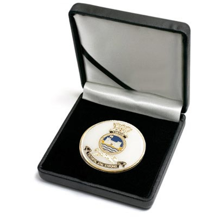 HMAS Tobruk Medallion In Case Superb HMAS Tobruk 48mm medallion presented in a leather look gift box. Order now, the block is presented in a form cut gift box making it perfect for awards, presentations or that special gift. Speci