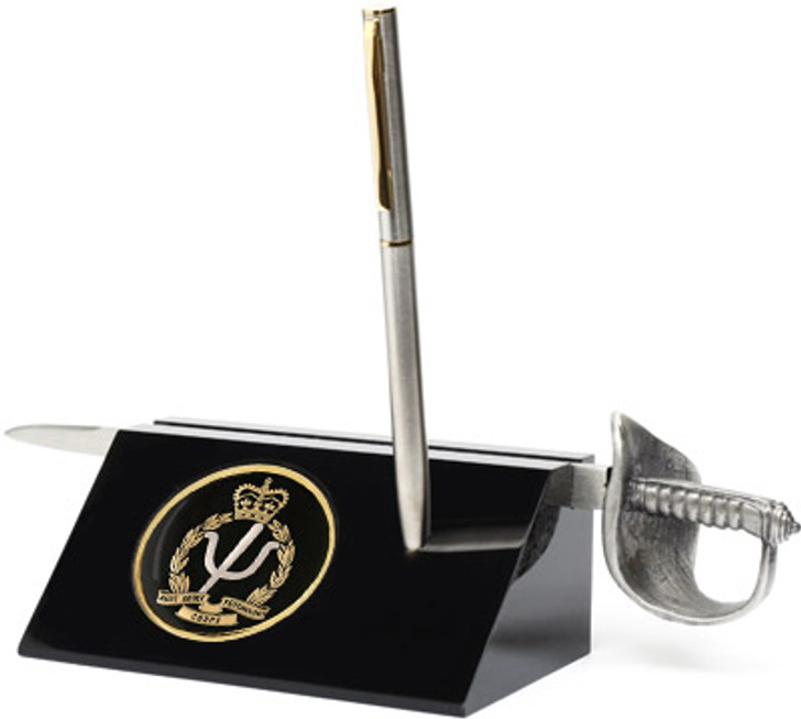 AAPSYCH Sword Desk Set AA PSYCH Medallion in a stylish acrylic desk stand with a quality pen and Army sword letter opener.  Presented in a silver gift box with a clear lid, this is the perfect gift to put on the desk at wor