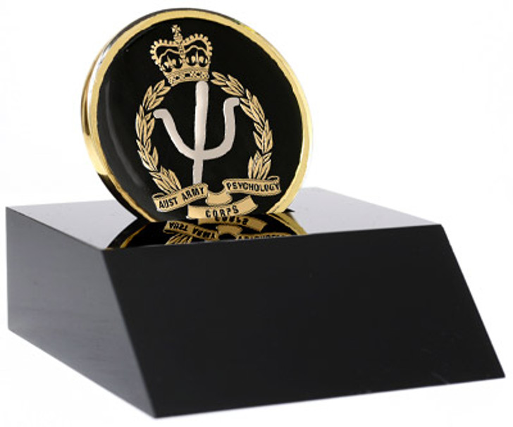 AAPSYCH Medallion In Stand Superb Australian Army Psychology Corps (AA PSYCH) 48mm medallion presented in a leather look gift box. Order now, the block is presented in a form cut gift box making it perfect for awards, presentat