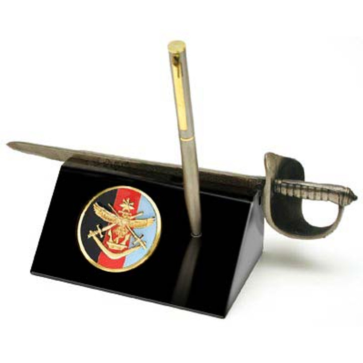 ADF Sword Desk Set Australian Defence Force (ADF) Medallion in a stylish acrylic desk stand with a quality pen and Army sword letter opener.  Presented in a silver gift box with a clear lid, this is the perfect gift to