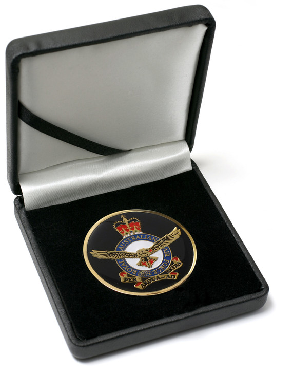 Air Force Medallion In Case Superb Air Force 48mm medallion presented in a leather look gift box. Order now, the block is presented in a form cut gift box making it perfect for awards, presentations or that special gift. Specifi