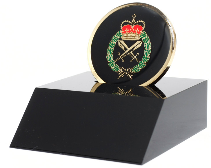 RACMP Medallion In Stand A superb Royal Australian Corps of Military Police (RACMP) medallion presented in a black acrylic desk stand. The stand allows the medallion to sit freely and is presented in a form cut gift box, maki