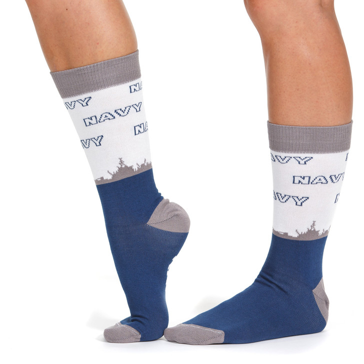 Navy Socks Stand Easy with a pair of Navy patterned dress socks. Features ship silhouette design and NAVY text.70% cotton, 30% nylon.One size fits most men shoe sizes 8 - 11.