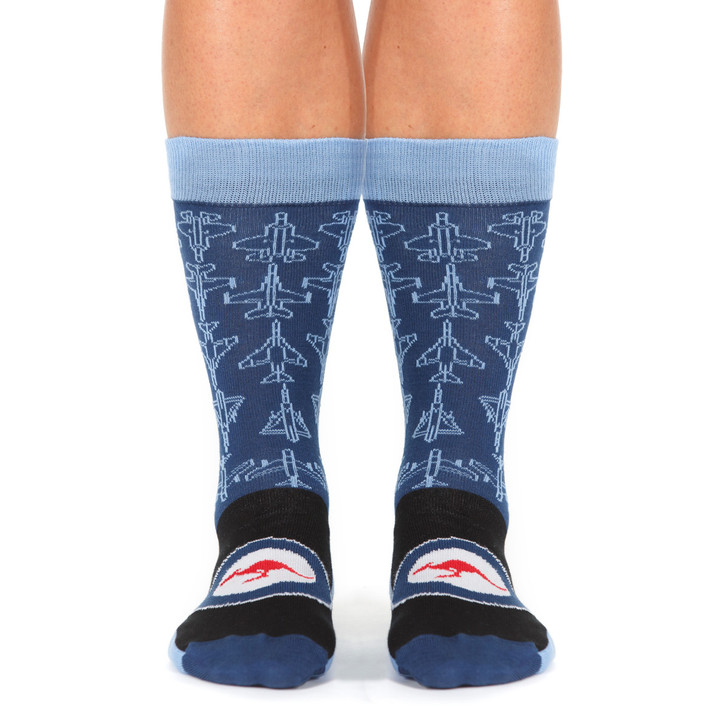Air Force Socks - 5th Generation - Roundel Stand Easy with a pair of Air Force patterned dress socks. Featuring blueprint aircraft designs and the RAAF roundel. 70% cotton, 30% nylon. One size fits most men shoe sizes 8 - 11.