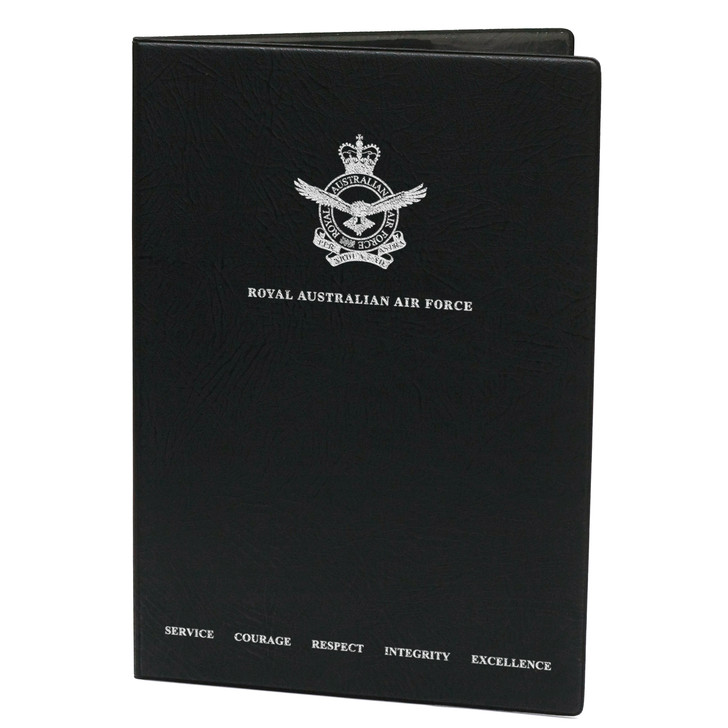 Air Force A4 Certificate Folder - 2020 values Black heavy grain leather look certificate folder with two plastic pockets on the inside cover. Air Force Badge and 2020 values printed in silver foil.