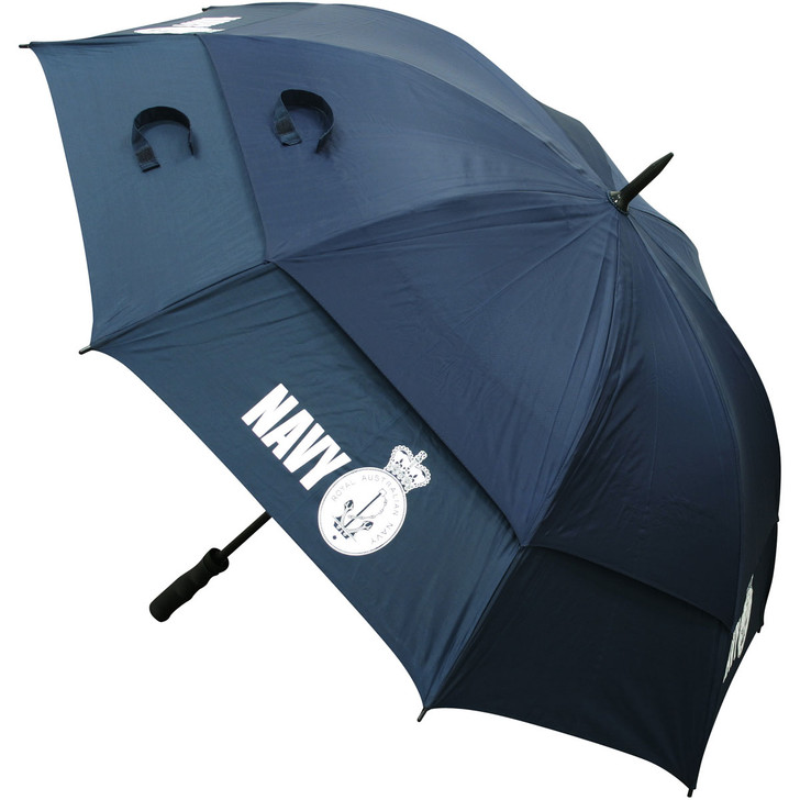 Navy Galebuster Umbrella Navy Galebuster Umbrella Large navy golf umbrella with 76cm fibreglass shaft and 8 single fibreglass ribs. Double canopy, bottom canopy cover features 'open window' which lets the wind pass through yet keeps out the rain. Gre