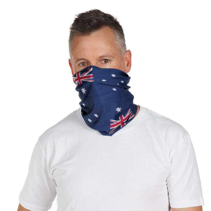 Neck Gaiter - Australian Flag Neck Gaiter - Australian Flag Manufactured from hard-wearing high-tech microfibre for superior comfort and fit. The moisture wicking fabric helps keep you cool in the heat and warms you against the cold. The adaptable design prote