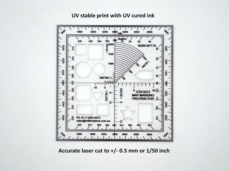 GTA 5212 Map Marking Protractor GTA 5212 Map Marking Protractor These protractors are digitally printed on the underside of 1.5mm thick plastic to avoid parallax error. They are then laser cut to an accuracy of +/- 0.25 mm. Size: 120 x 120 x 1.5mm Protractor: Degr