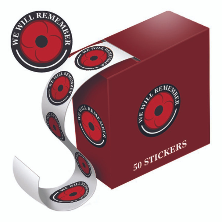 Box of 50 Poppy Stickers Bring remembrance and customisation to anyone with these perfectly sized Poppy Stickers. Get creative and show your support on clothing, folders, or notebooks! With a vibrant red poppy with black outl