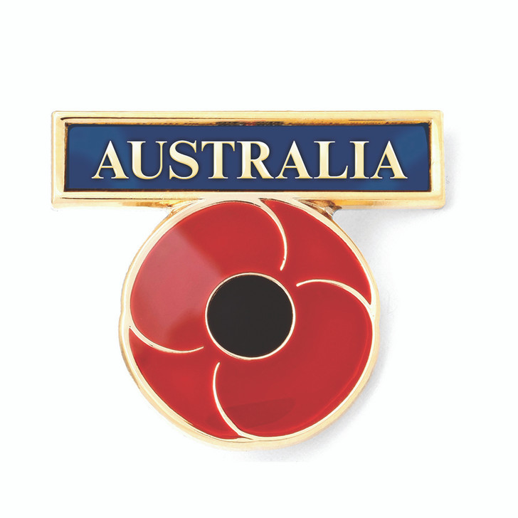 Australia Bar with Poppy Badge This sleek badge honours the service of Australian men and women with a stunning 2D Poppy combined with a rich enamel fill. With a classic compact design this bar is perfect for any casual or formal o