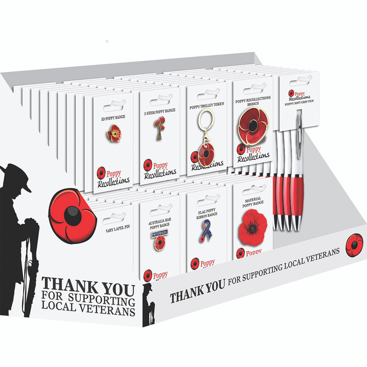 Veterans Support Merchandise & Display Stand Veterans Support Merchandise & Display Stand A prepacked retail display specifically created to help fundraise for supporting veterans through local community retailers. This compact display is a fantastic way to take steps to help support veter