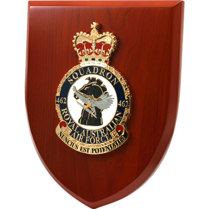462 SQN Plaque An Exceptional 462 Squadron Plaque order now. This beautiful plaque features a 125mm full colour enamel crest set on a 200x160mm timber finish shield. Presented in a stylish silver gift box with form