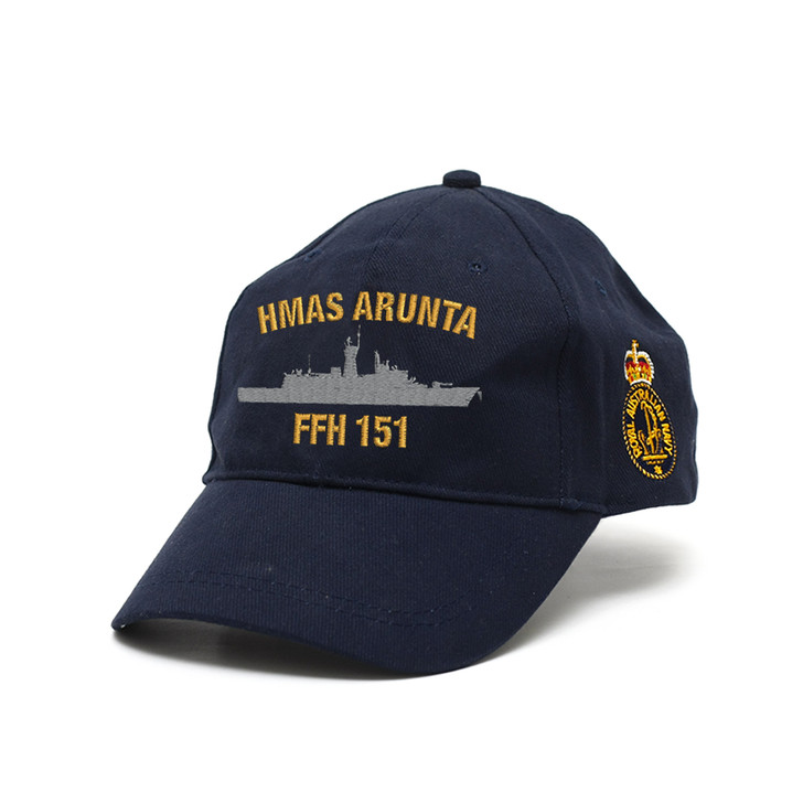 HMAS Arunta Policy Cap HMAS Arunta Policy Cap, order now from the military specialists.  Quality Heavy brushed cotton cap with the Navy Ceremonial badge on the left side. Hook-and-loop adjustment at the back to fit most.