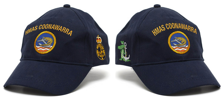 HMAS Coonawarra Policy Cap HMAS Coonawarra Policy Cap, order now from the military specialists.  Quality Heavy brushed cotton cap with the Navy Ceremonial badge on the left side. Hook-and-loop adjustment at the back to fit most