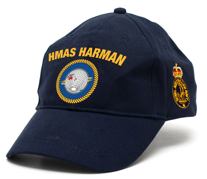 HMAS Harman Policy Cap HMAS Harman Policy Cap, order now from the military specialists.  Quality Heavy brushed cotton cap with the Navy Ceremonial badge on the left side. Hook-and-loop adjustment at the back to fit most.