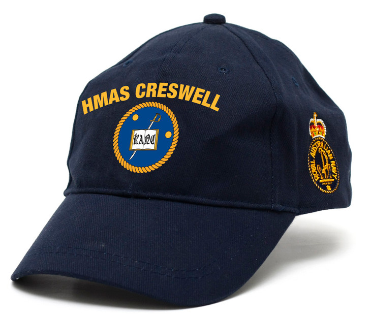 HMAS Creswell Policy Cap HMAS Creswell Policy Cap, order now from the military specialists. Quality Heavy brushed cotton cap with the Navy Ceremonial badge on the left side. Hook-and-loop adjustment at the back to fit most.