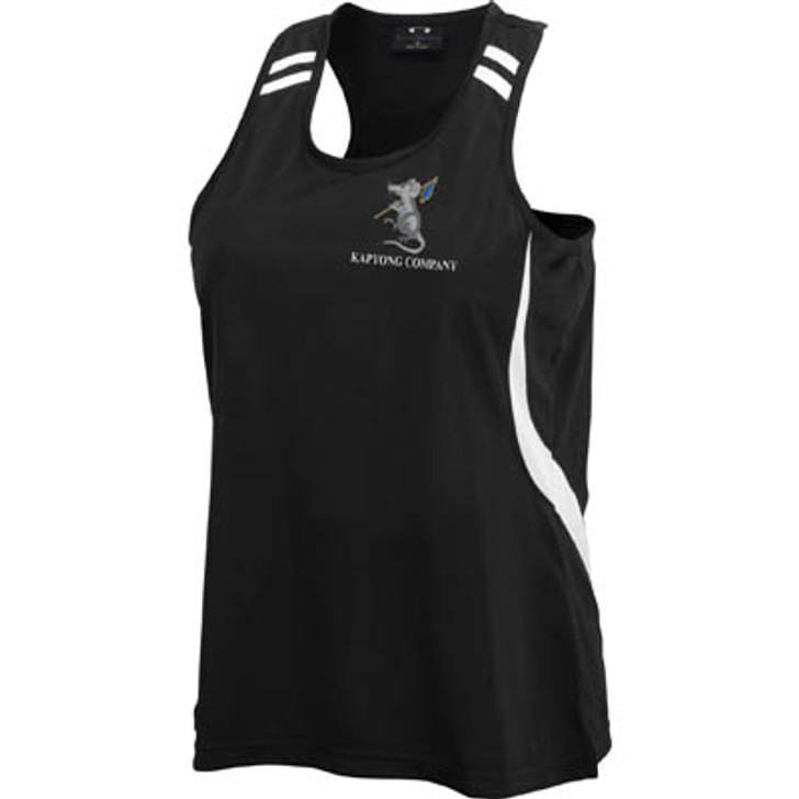 Kapyong Company Singlet Kapyong Company Singlet BIZ COOL 100% Breathable Polyester single jersey knit. Snag resistant fabric. Contrast twin stripes on shoulder panel. Contrast flash splice from underarm around to the back of singlet. Self fabric bi