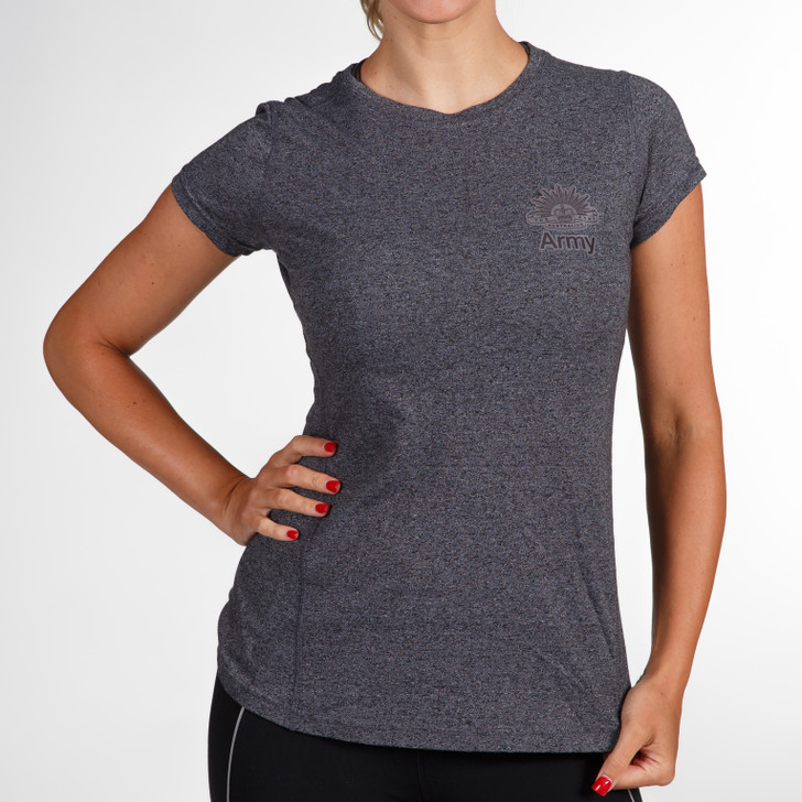 Army Ladies Sports Shirt Dark Heather Army Ladies Sports Shirt Dark Heather The Australian Army branded sports shirt. Features the Rising Sun badge on left chest. Order now from the military specialists. Cotton and polyester blend for maximum comfort. Specifications: Material