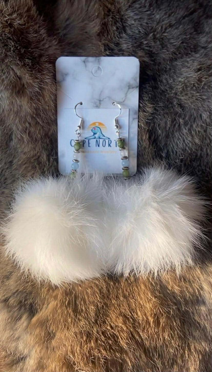 Handmade Rabbit Fur Pom-Pom Earrings with Gemstones - White