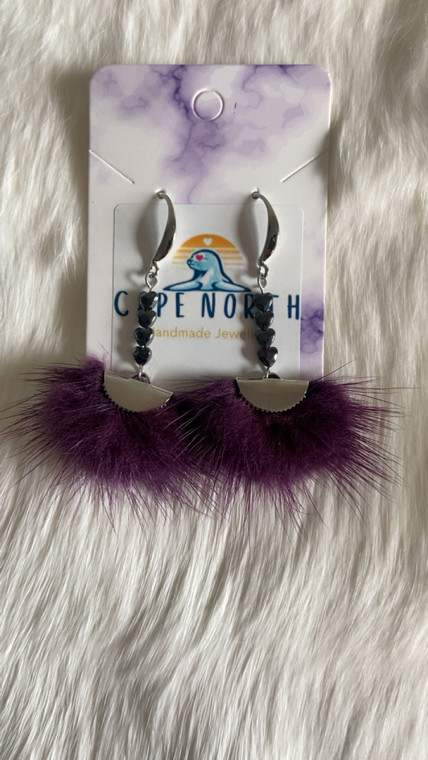 Mink Fur & Hematite Heart Earrings