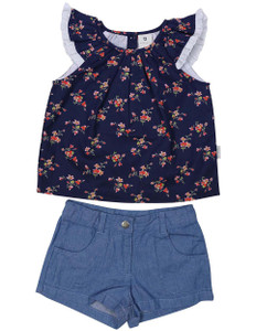 Navy Floral Blouse Short Set