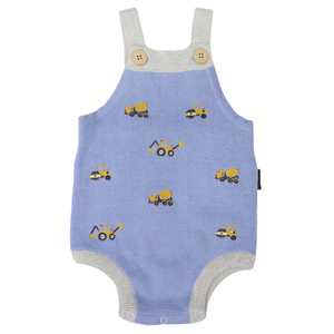 Trucks and Diggers Embroidered Knit Sunsuit - Light Blue
