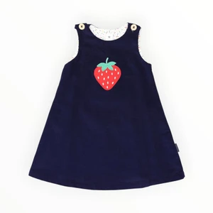 Strawberry Applique Cord Pinafore Dress - Navy
