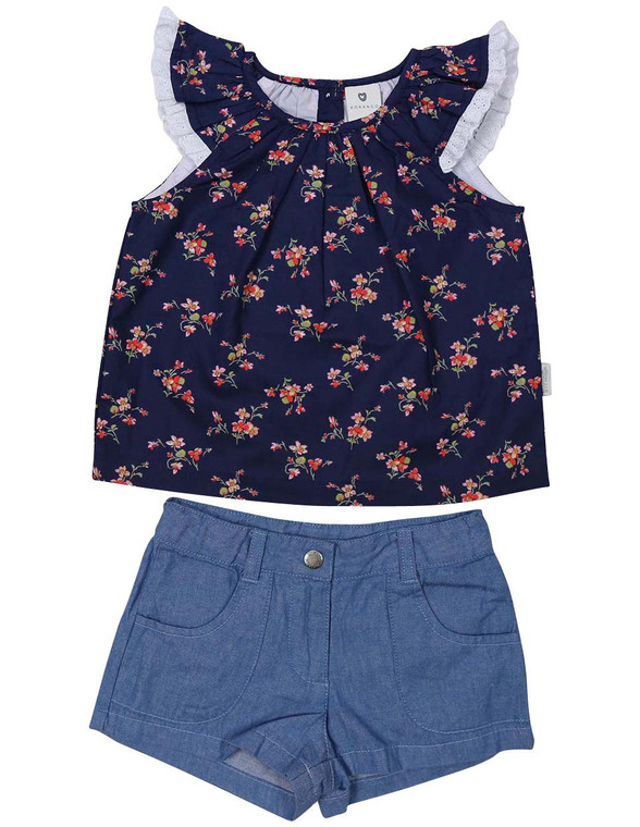 Navy Floral Blouse Short Set