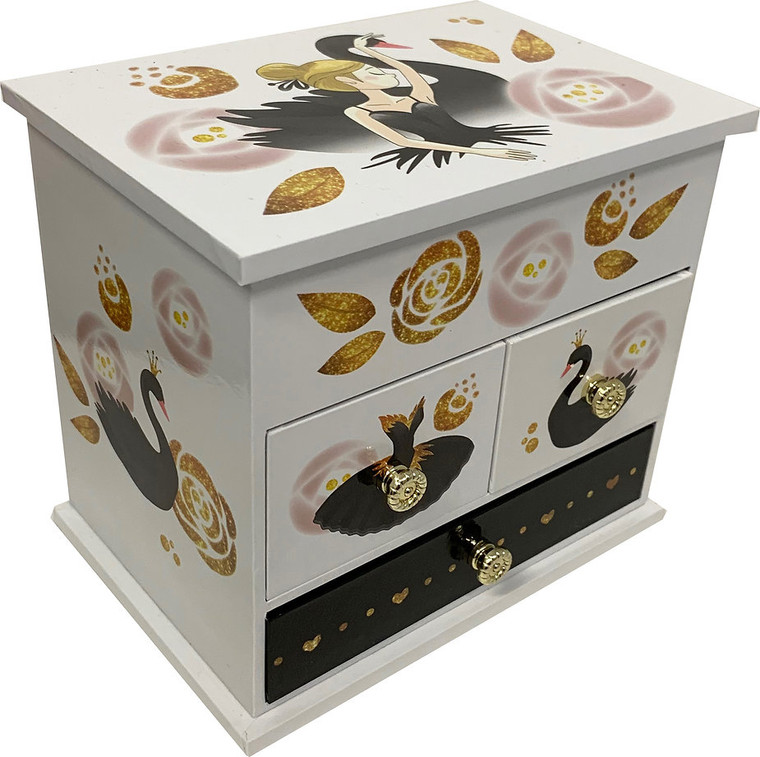 Musical Black Swan Jewellery Box w/Drawers