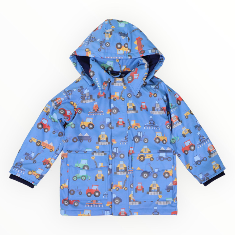 Farm Machine Print Fleece Lined Raincoat Blue