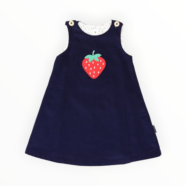 Strawberry Applique Cord Pinafore Dress - Navy