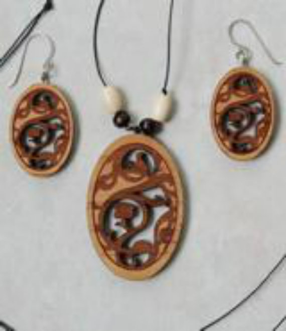 Laser cut and engraved in wood vine and flower beaded necklace and earrings.