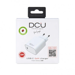 Vista frontal del cargador USB-C GaN 30W en su caja con diseño compacto y carga rápida Vista frontal del cargador USB-C GaN 30W en su caja con diseño compacto y carga rápida