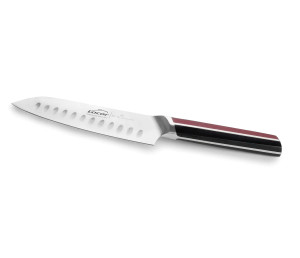 Vista lateral del cuchillo Santoku Elite con hoja afilada y mango ergonómico de doble color Vista lateral del cuchillo Santoku Elite con hoja afilada y mango ergonómico de doble color