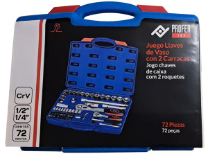 Caja de presentación del set de herramientas con información destacada: 72 piezas, CrV, carracas 1/4 y 1/2 pulgada