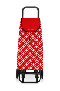Carro de compra plegable rojo con estampado geométrico y 4 ruedas para transportar compras