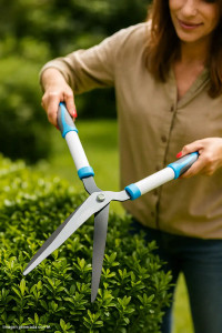 Mujer podando setos con tijera de jardinería ligera y ergonómica para uso doméstico Mujer podando setos con tijera de jardinería ligera y ergonómica para uso doméstico