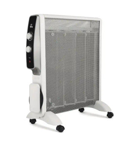 Radiador eléctrico portátil de mica con ruedas, diseño slim y doble potencia para calor inmediato en el hogar.