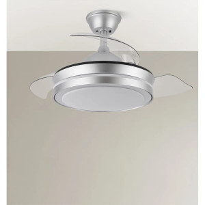 Ventilador de techo Esparta plata instalado con aspas desplegables transparentes y luz LED integrada