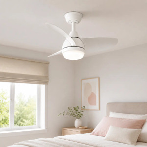 Ventilador de techo Pirdo blanco con luz LED integrado en dormitorio pequeño con decoración en tonos pastel