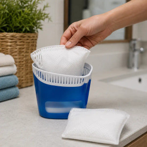 Mano colocando un recambio de bolsa antihumedad CEYS en la bola antihumedad en un baño doméstico