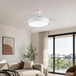 Ventilador de techo Capitán blanco instalado en salón contemporáneo con luz LED encendida