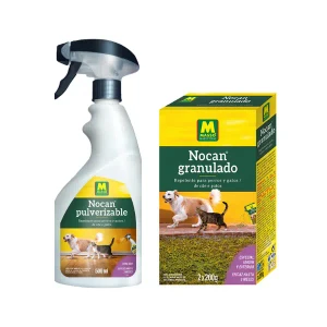 Solución de repelente pulverizable y granulado para perros y gatos en terrazas
