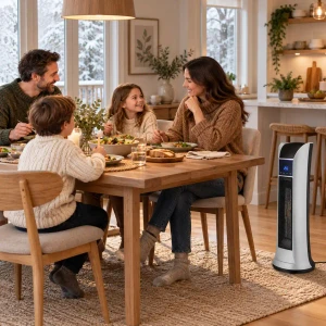 Familia reunida en el comedor con el termoventilador de torre Haverland CHT180 calentando la estancia