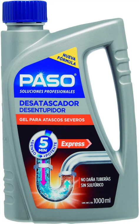 Desatascador gel para atascos severos Paso Express 1000 ml, acción rápida en 5 minutos, sin dañar tuberías